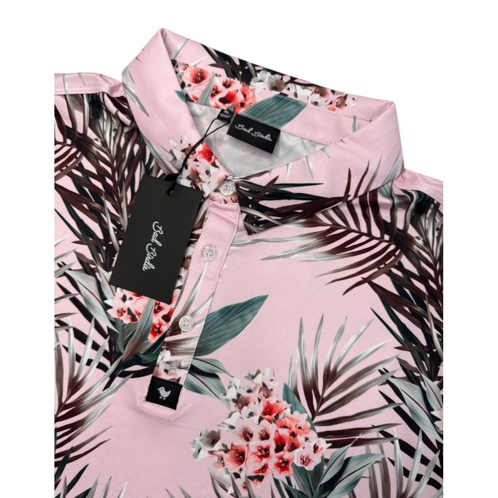 Bad Birdie Mens‎ XL Polo Shirt Cabana Pink Floral Tropical Beach Vacation NEW